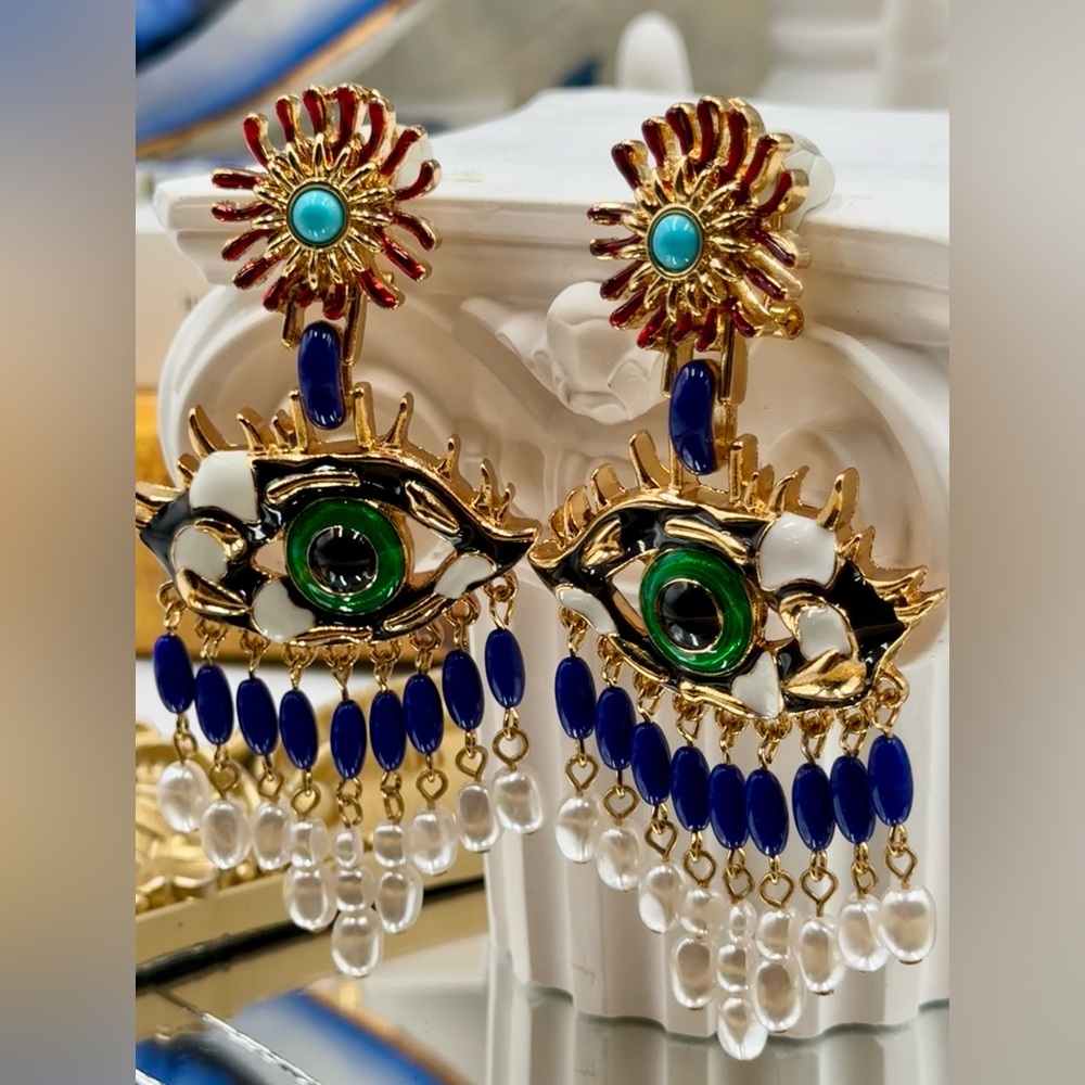 Gold-tone Multicolor Eye Drop Earrings with Blue and Green Accents
